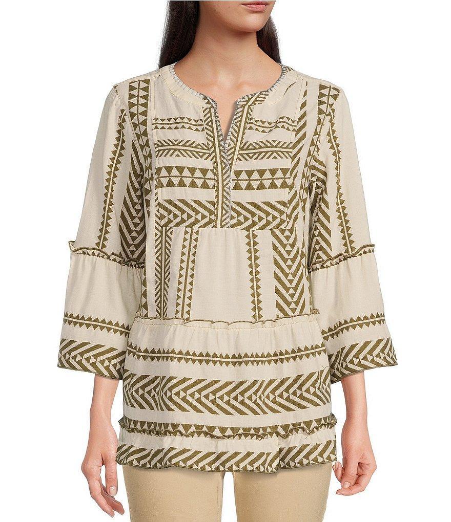 John Mark Jacquard Woven Geometric Print Split V-Neck 3/4 Bell Sleeve Top Product Image