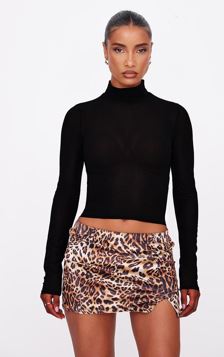 Leopard Printed Velvet Split Detail Mini Skirt Product Image