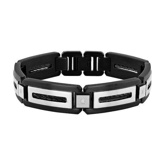 Men's 1/20 CT. T.w. Diamond Rectangular Link Bracelet in Stainless Steel and Black Ion Plate - 8.75" Product Image