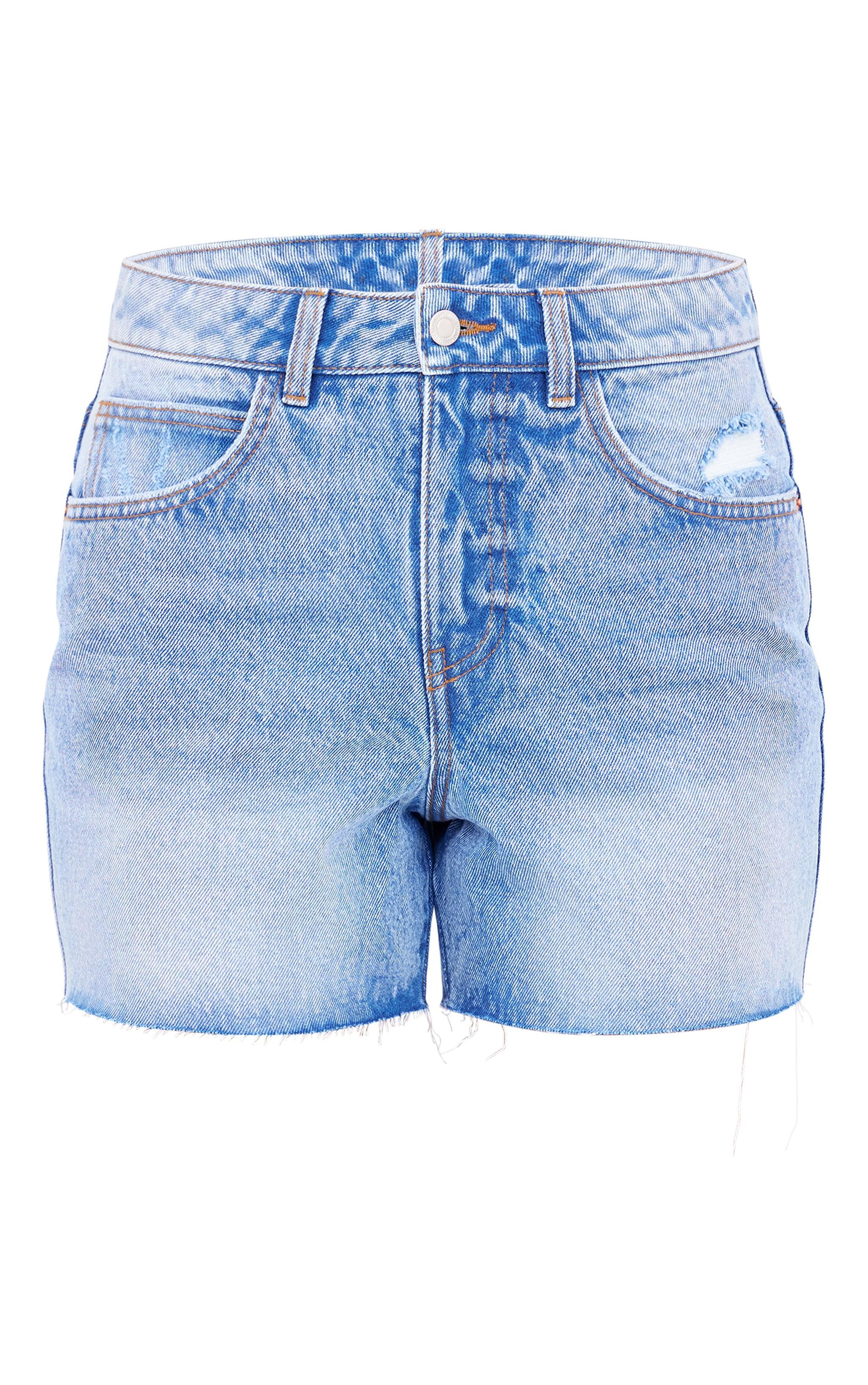 PRETTYLITTLETHING Mid Blue Wash Raw Hem Boyfriend Denim Shorts Product Image