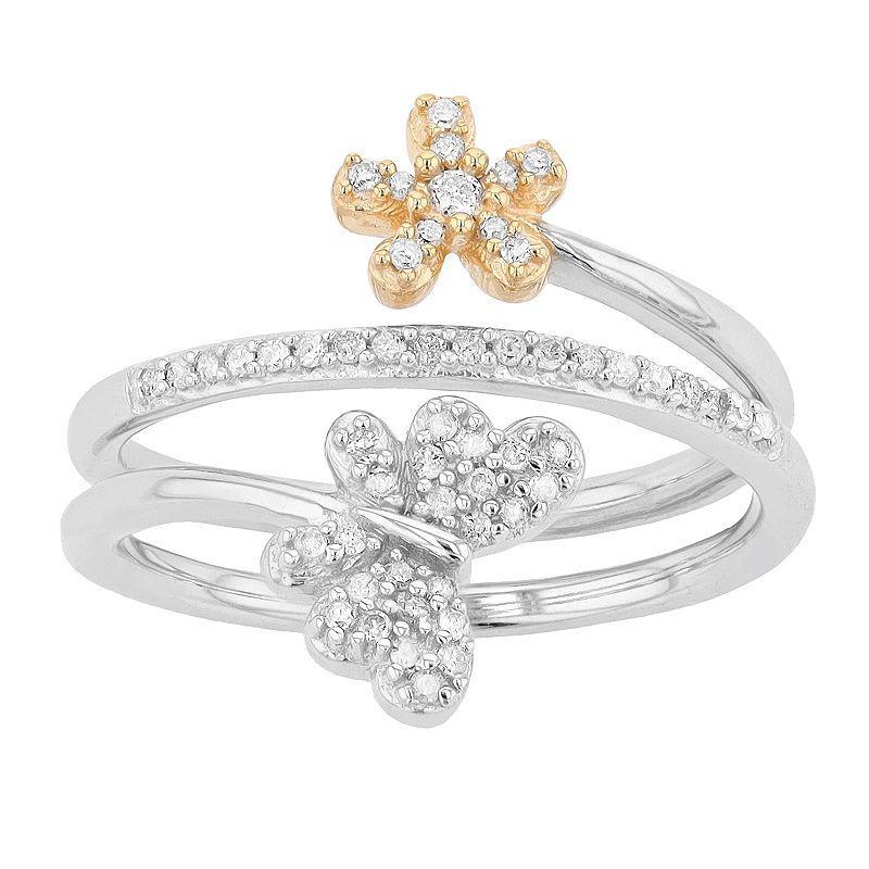 Sterling Silver Two Tone 1/5 Carat T.W. Diamond Butterfly & Flower Ring, Womens White Product Image