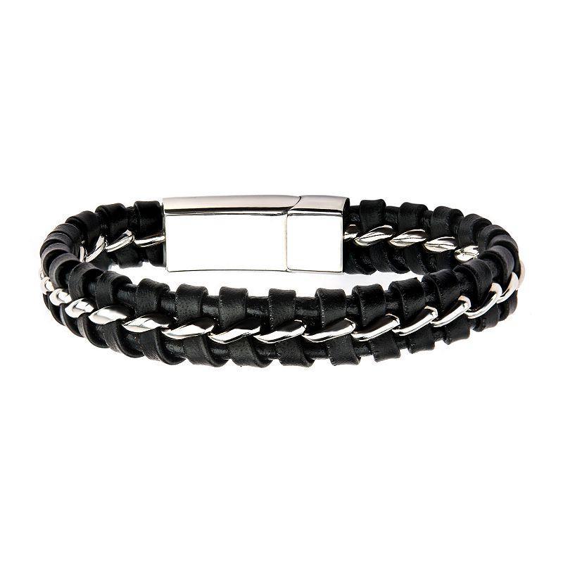 Mens Stainless Steel Black Braided Leather Clasp Bracelet Product Image