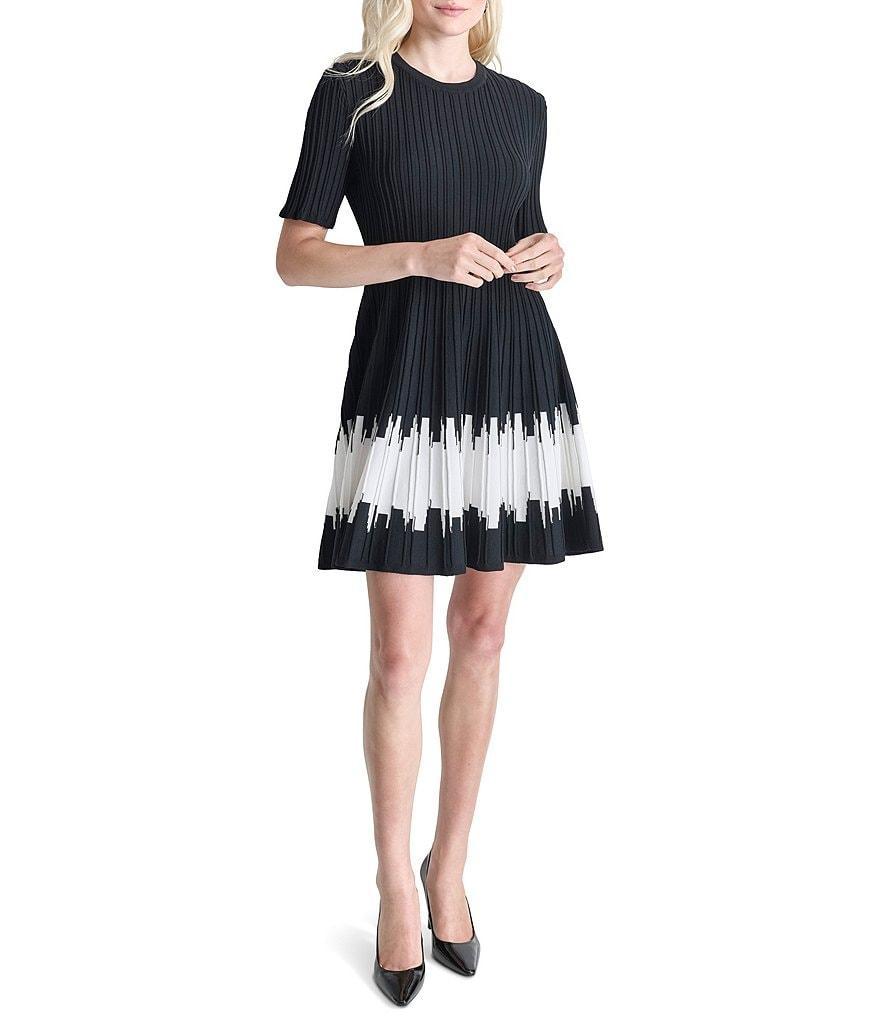 DKNY by Donna Karan Border Ribbed Knit Crew Neck Short Sleeve Fit & Flare Dress Product Image