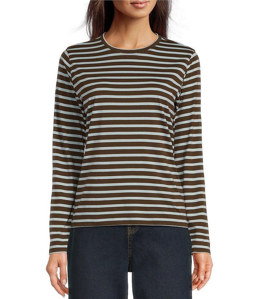 FRANCES VALENTINE Pima Cotton Crew Neck Long Sleeve Stripe Print Tee Shirt Product Image