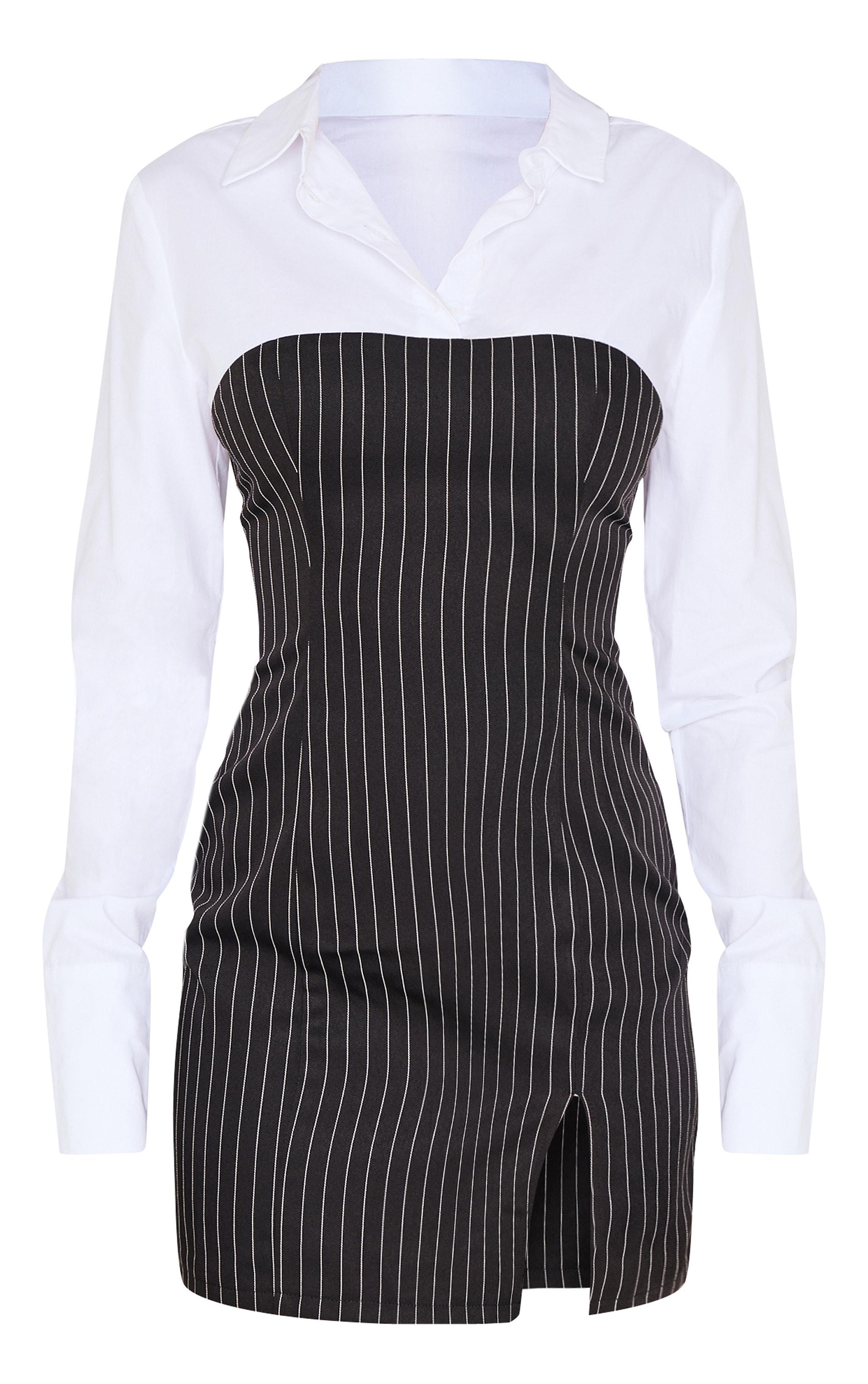 White Pinstripe Detail Shirt Dress Product Image