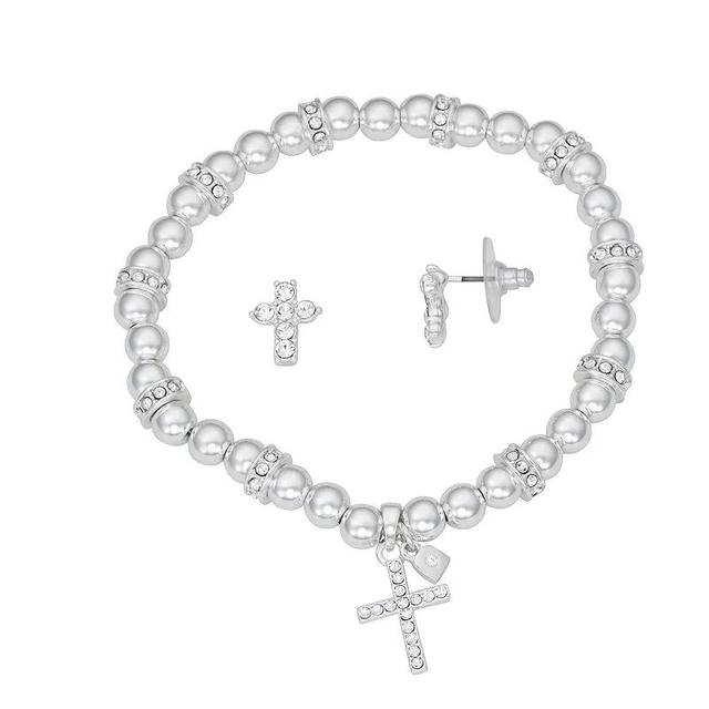 Nine West Silver Tone Crystal Cross Charm Bracelet & Stud Earring Set, Womens, White Product Image