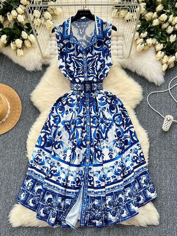 Sleeveless Belt Buckle Buttoned Contrast Color Floral Printed Midi Dresses Product Image