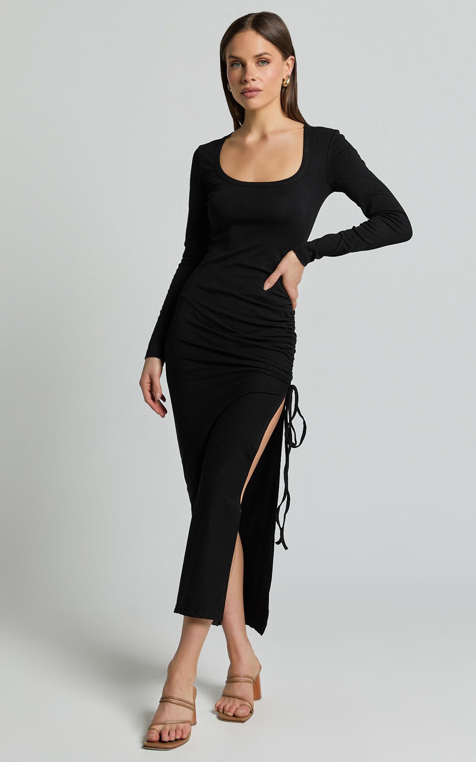 Harlow Midi Dress - Crew Neck Long Sleeve Ruched Side Split Dress in Black Product Image