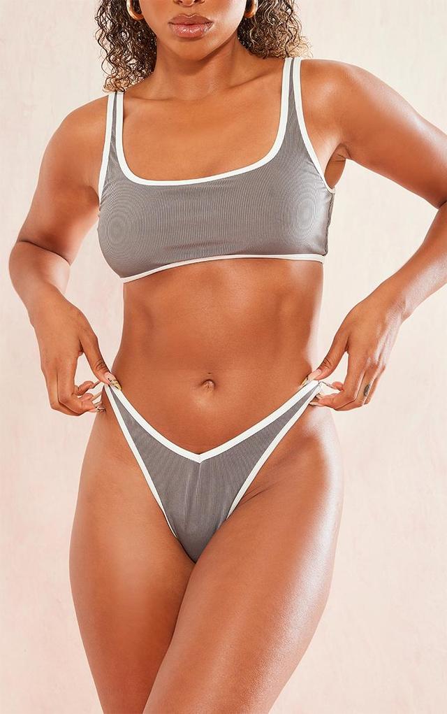 Grey Ribbed Contrast V Front Thong Bikini Bottoms Product Image