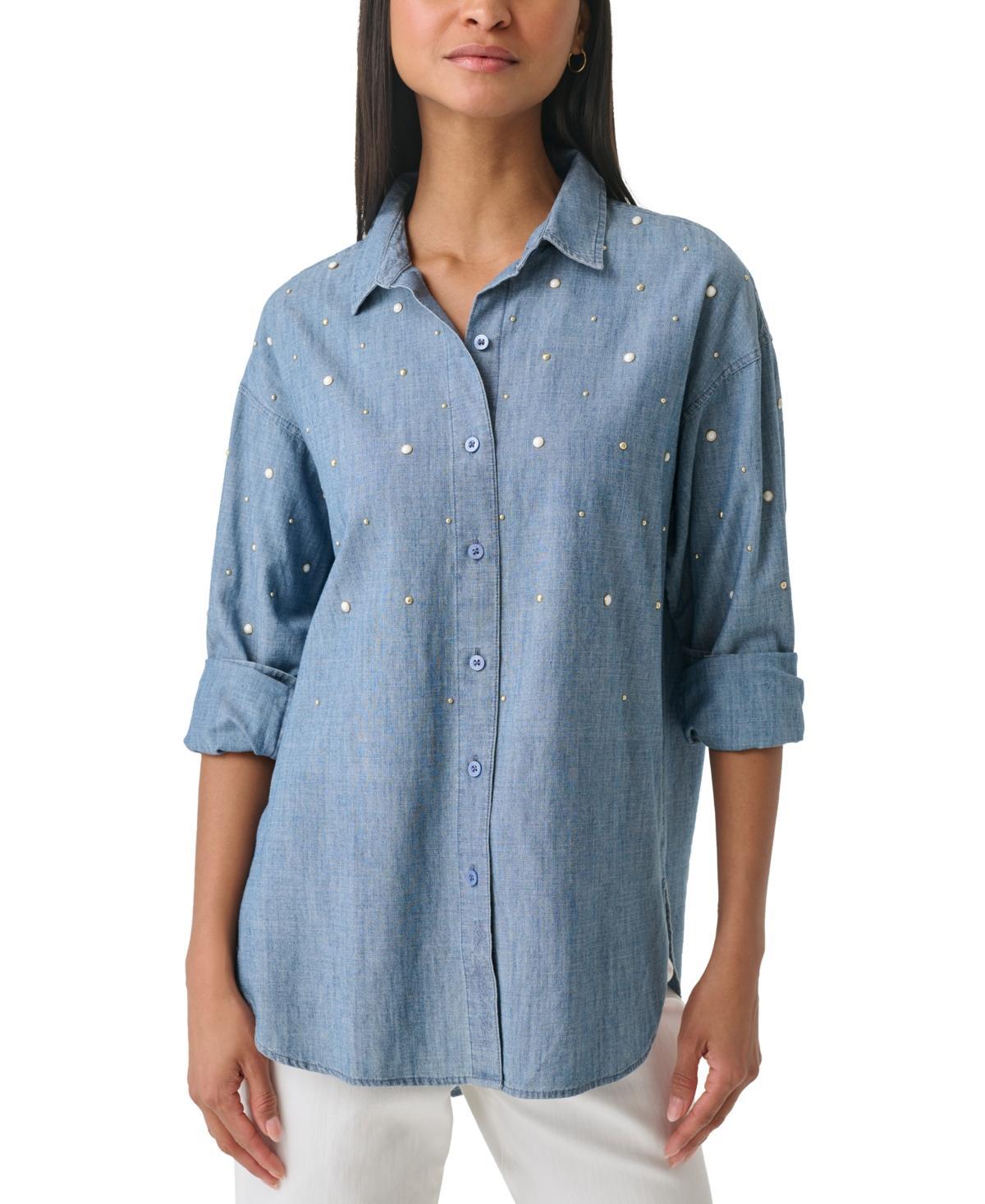 Karl Lagerfeld Paris Womens Faux Pearl Denim Shirt - Blue Product Image