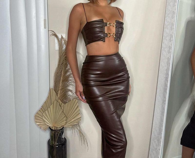 Set: Plain Cutout Faux Leather Crop Camisole Top + High Rise Slit Midi Pencil Skirt Product Image