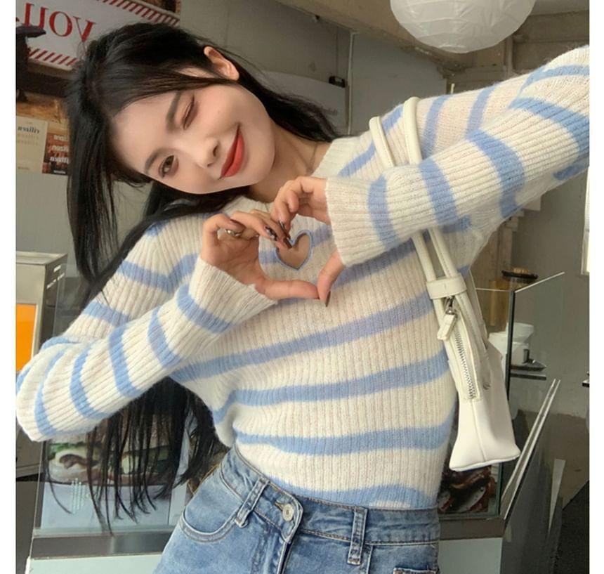 Crew Neck Striped Heart Cutout Sweater Product Image