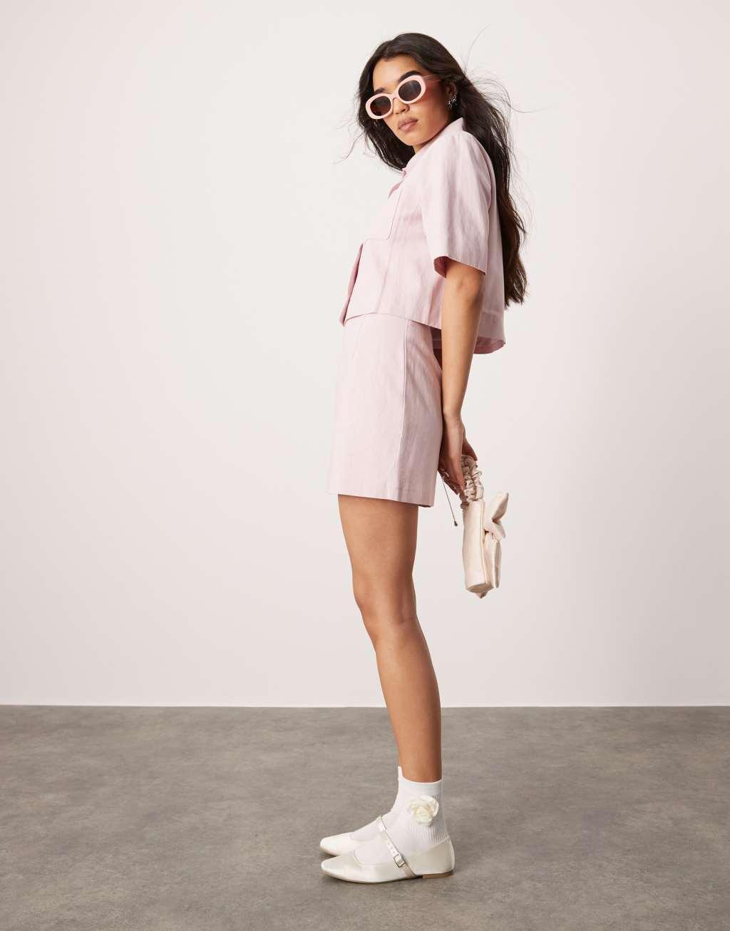 ASOS DESIGN tailored mini skirt with linen in pink - part of a set Product Image