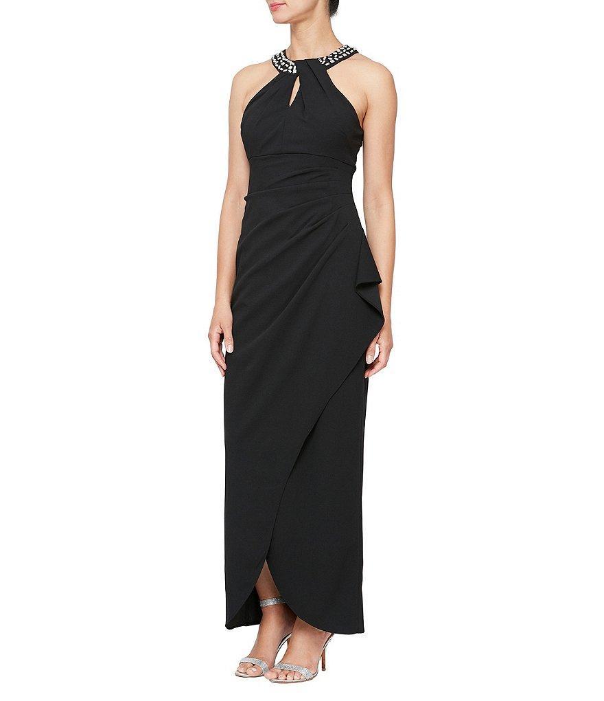 Ignite Evenings Petite Size Scuba Crepe Sleeveless Beaded Twisted Halter Neck Ruffled Gown Product Image