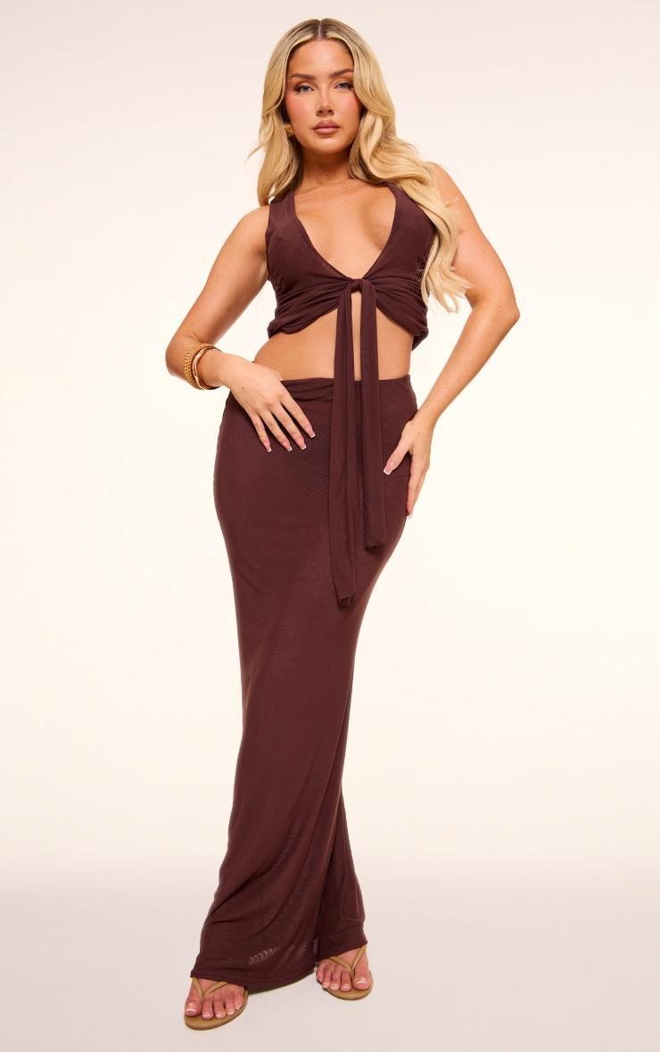  Chocolate Mesh Plunge Ruched Long Top Product Image