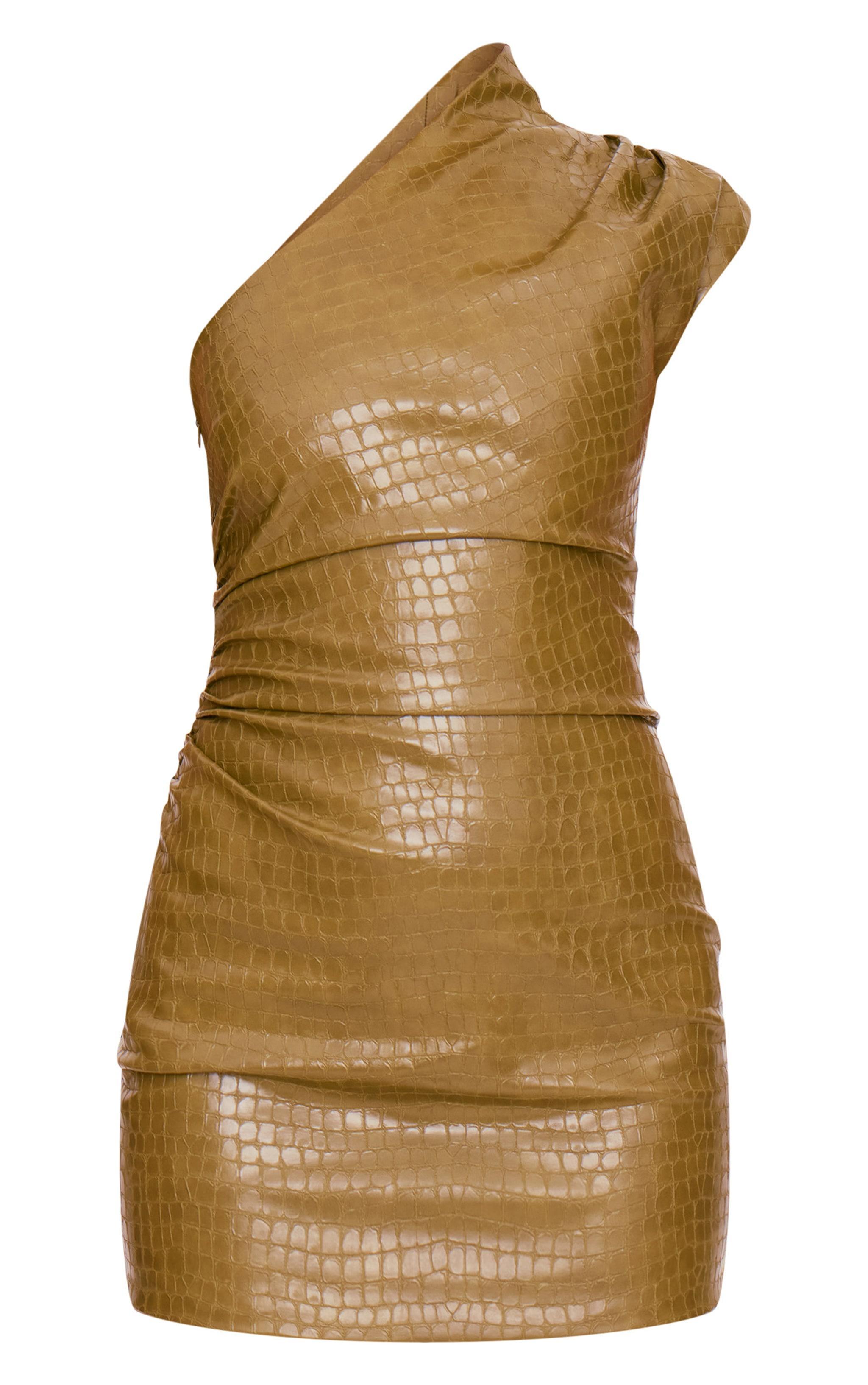 PLT Label Olive Croc Faux Leather Asymmetric Bodycon Dress Product Image