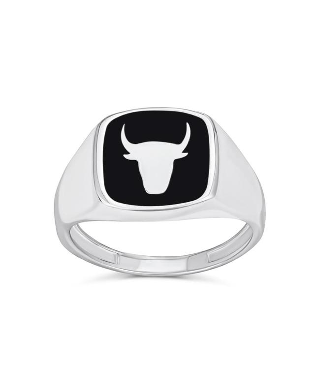 Bling Jewelry Unisex Signet Black Onyx Square Gemstone Western Texas Longhorn Buffalo Cow Antelope Skull Bull Mens Ring .925 Sterling Silver Product Image