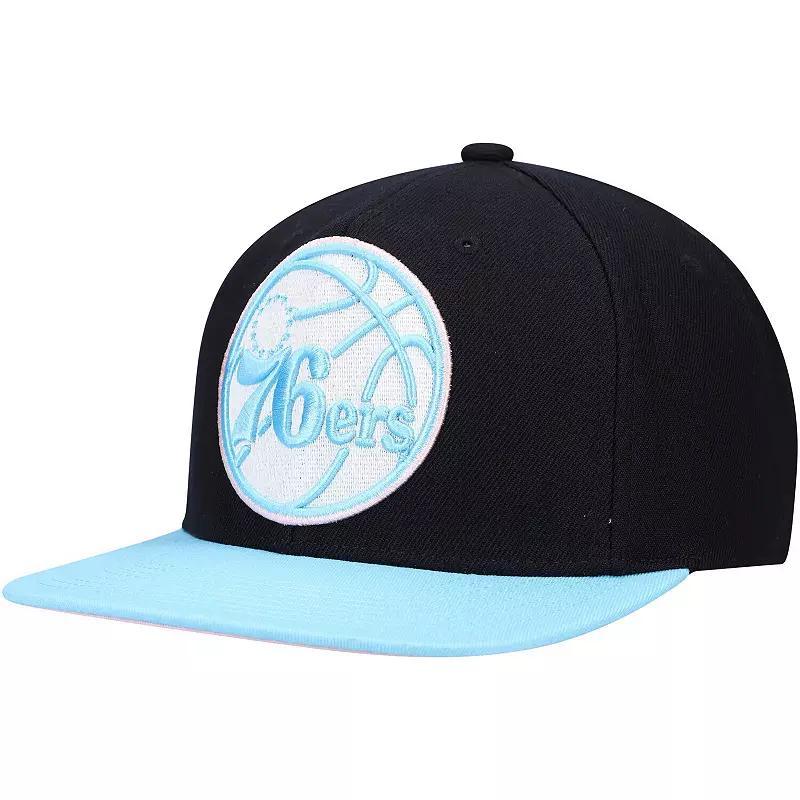 Mens Mitchell & Ness Black/Light Blue Philadelphia 76ers Pastel Snapback Hat Product Image