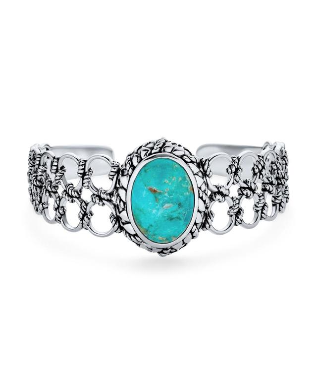 Oval Cabochon Gemstone Circle Robel Open Cable Lattice Turquoise Wide Cuff Bracelet For Women .925 Sterling Silver Product Image