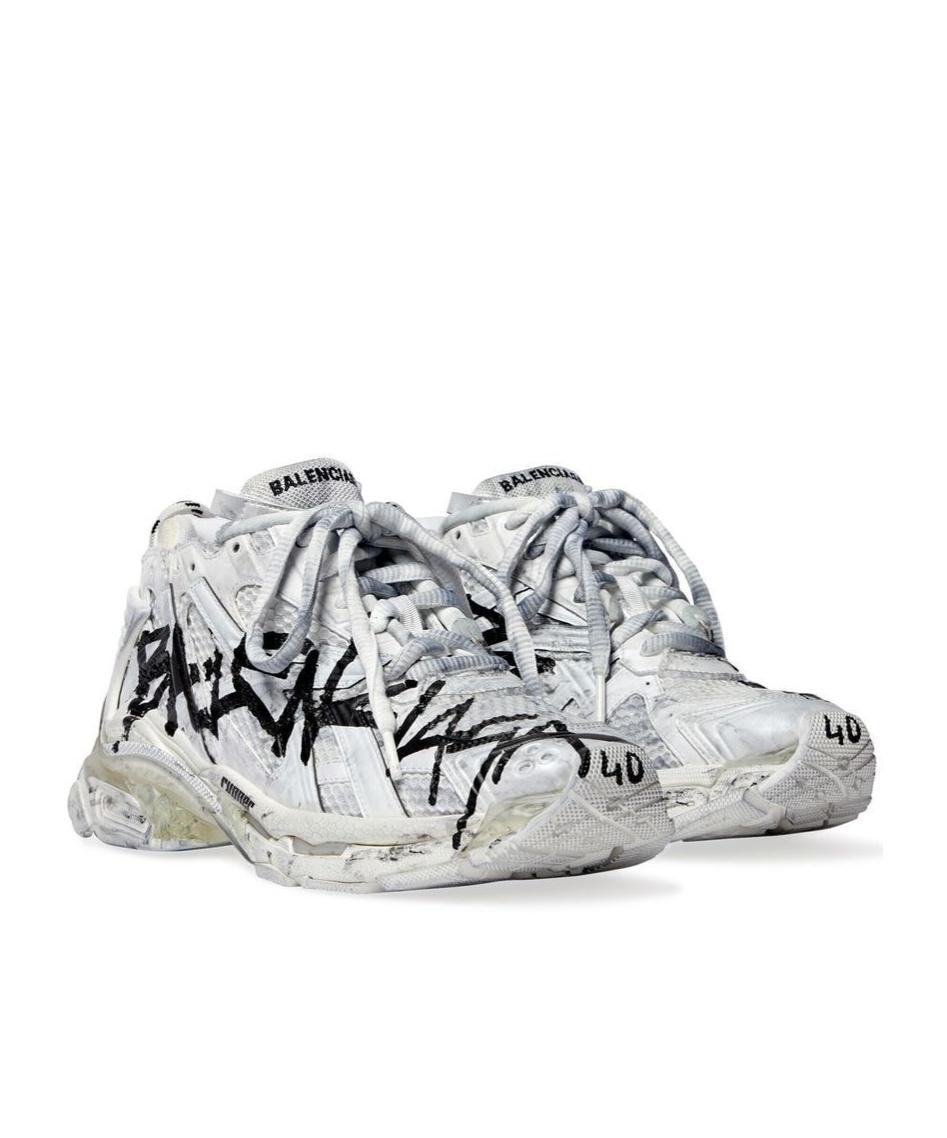 BALENCIAGA White Graffiti Runner Low Top Sneakers Product Image