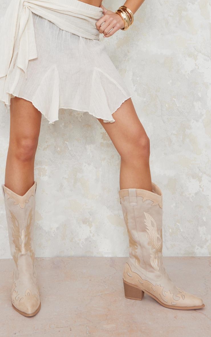 Beige Faux Suede Embroidered Detail Wide Fit Western Calf Boots product image