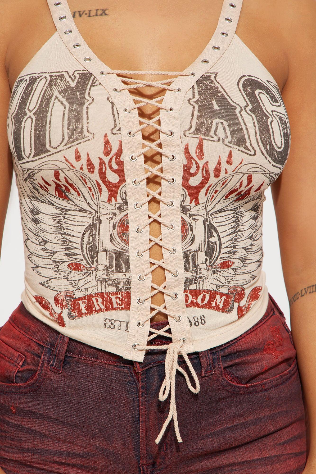 Joyride Lace Up Graphic Tank Top - Beige Product Image