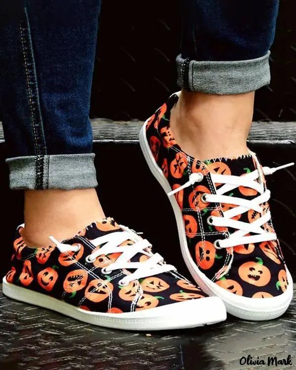 Olivia Mark – Halloween Pumpkin Print Canvas Slip-On Shoes Product Image