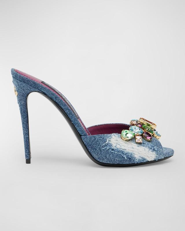 Denim Multicolored Crystal Stiletto Mules Product Image