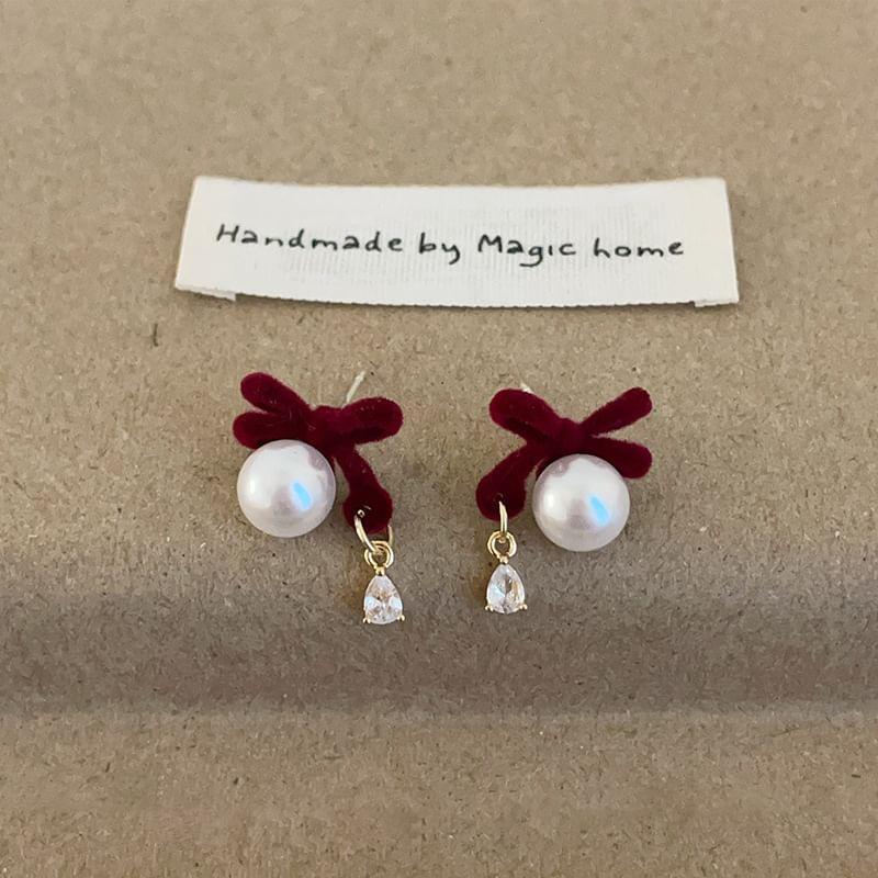 925 Sterling Silver Bow Faux Pearl Rhinestone Drop Earring Product Image