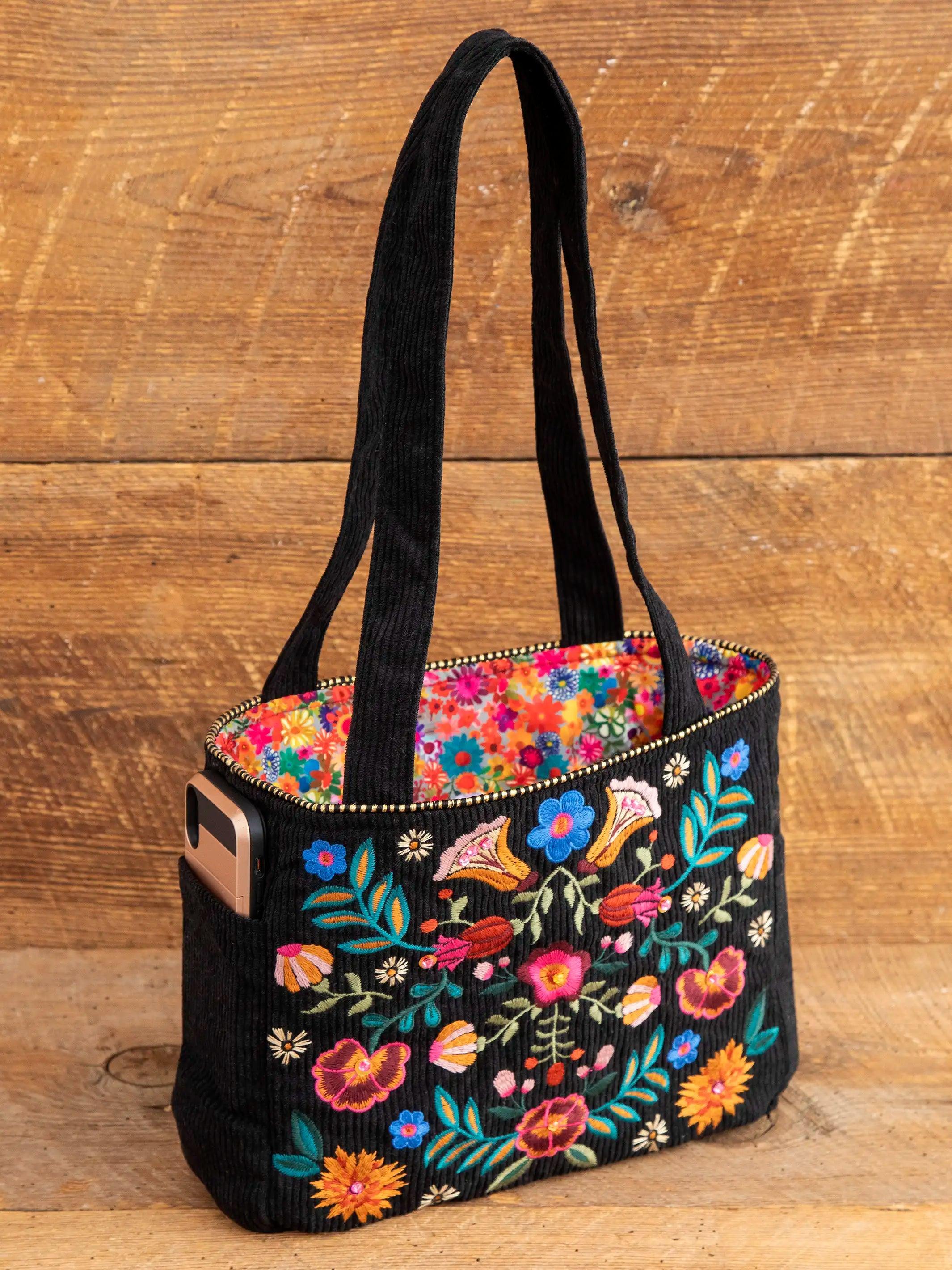 Embroidered Corduroy Tote - Black Folk Flower Product Image