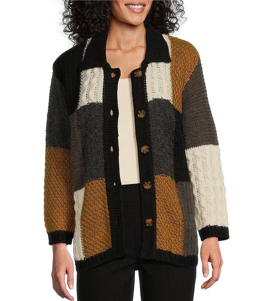 Multiples Patchwork Print Point Collar Long Sleeve Button-Front Sweater Knit Cardigan Product Image