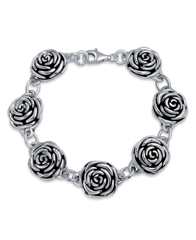 Antiqued Finish Large Statement 3D Garden Flower Black Rose Bracelet For Women Girlfriend Oxidized .925 Sterling Silver 7.5 Inch Product Image