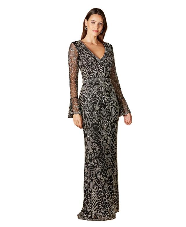 Lara Womens Long Bell sleeve V-neck Beaded Gown - Black Product Image