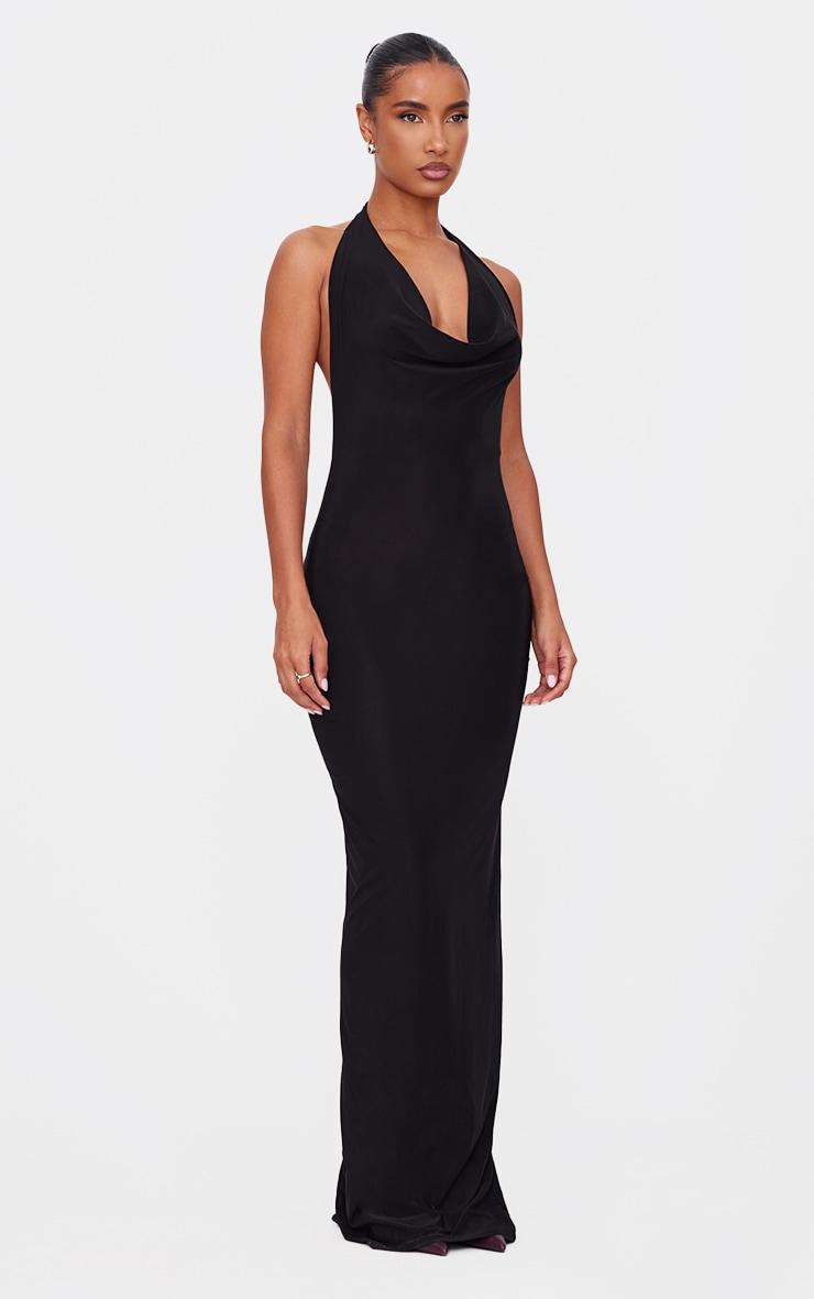 Black Soft Touch Cowl Neck Twist Back Detail Maxi Dress Product Image