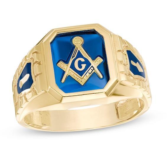 Men's Lab-Created Blue Sapphire Masonic Ring in 10K Gold Product Image