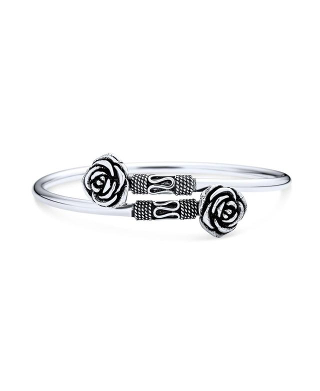 Balinese Bali Style Flower Tips Bypass Stacking Black Rose Bangle Cuff Bracelet For Women For Teen Oxidized .925 Sterling Silver Product Image