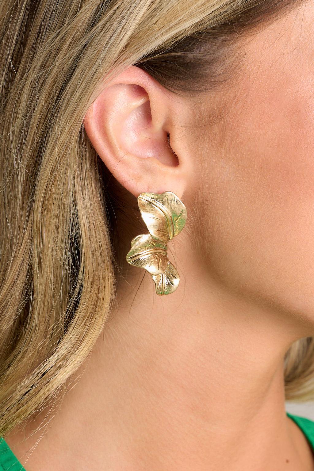 Tropical Enchantment Worn Gold Palm Leaf Earrings Product Image