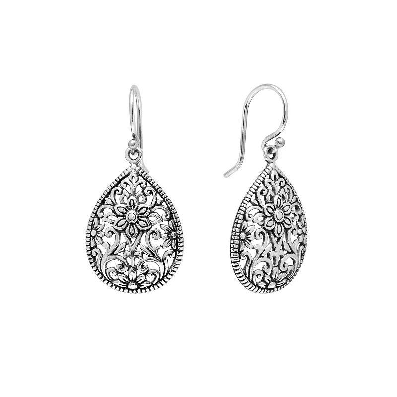 Oxidized Sterling Silver Filigree Flower Drop Earrings, Womens Product Image