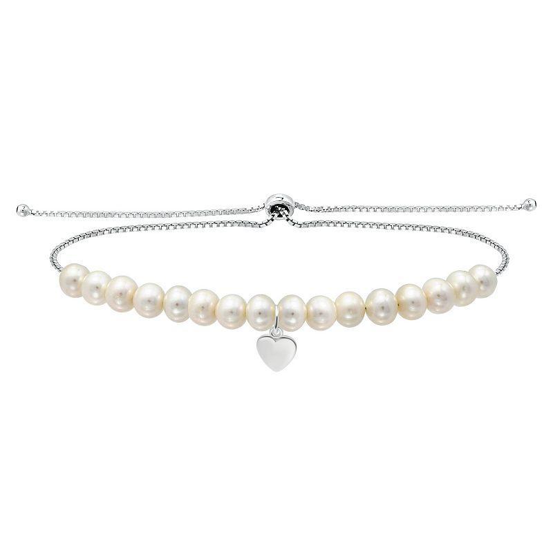 Aleure Precioso Sterling Silver Freshwater Cultured Pearl Heart Charm Adjustable Bracelet, Womens Silver Tone Product Image