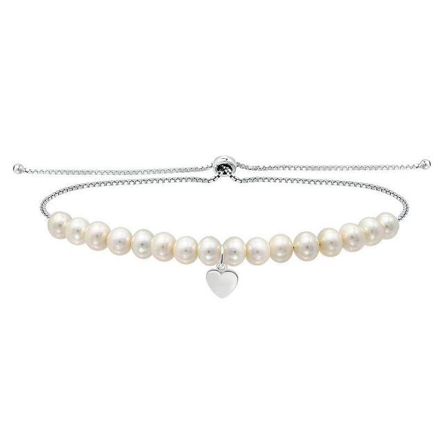 Aleure Precioso Sterling Silver Freshwater Cultured Pearl Heart Charm Adjustable Bracelet, Womens Product Image