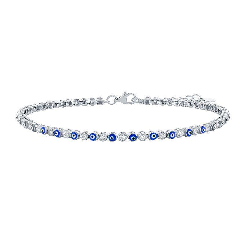 Sterling Silver Cubic Zirconia & Evil Eye Blue Enamel Tennis Anklet, Womens Product Image