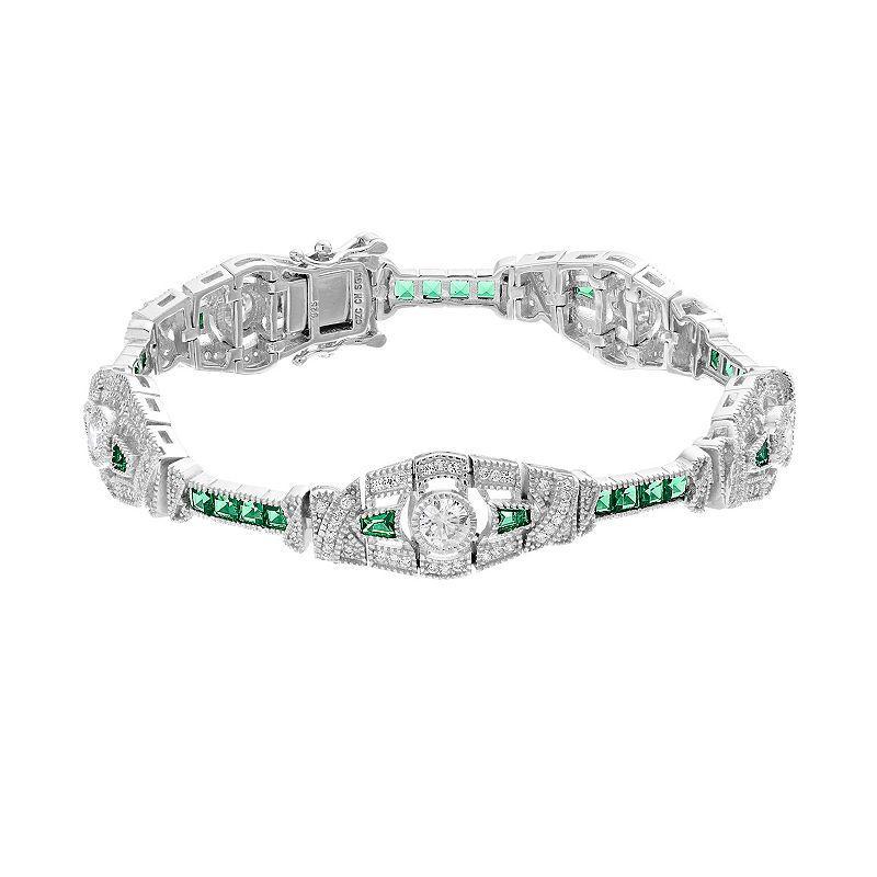 Sterling Silver Clear & Green Cubic Zirconia Oval Link Bracelet, Womens White Product Image