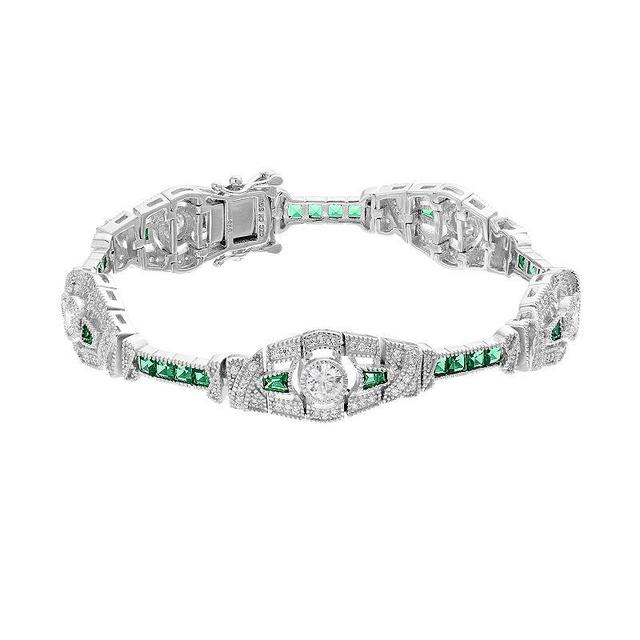 Sterling Silver Clear & Green Cubic Zirconia Oval Link Bracelet, Womens Product Image