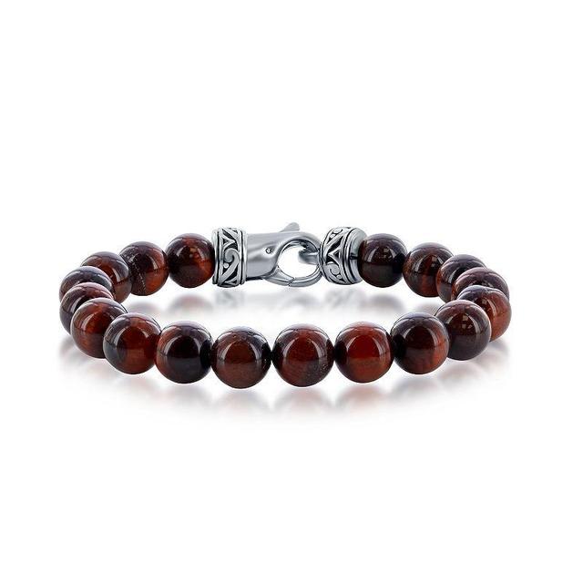 Mens Metallo Stainless Steel Genuine Stone 10mm Bead Bracelet Red Tiger Eye Product Image