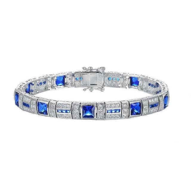 Sterling Silver & Blue Cubic Zirconia Square Link Bracelet, Womens Product Image