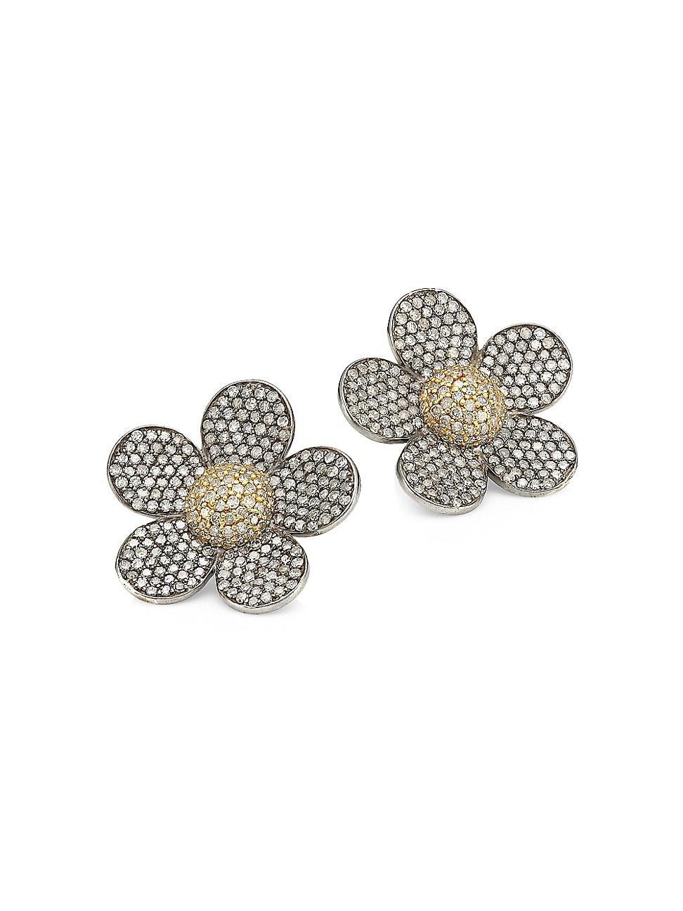 Womens 14K Black Rhodium Silver & Diamond Floral Stud Earrings Product Image