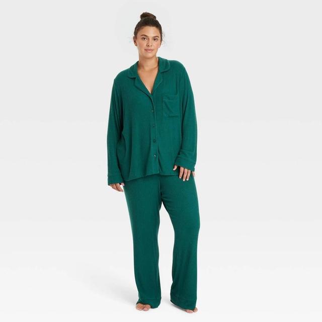 Womens Cozy Ribbed Long Sleeve Notch Collar Shirt and Pants Pajama Set - Auden Green 1X Product Image