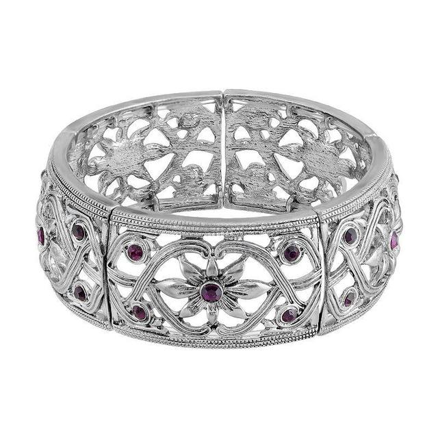 1928 Silver Tone Purple Simulated Crystal Flower Stretch Bracelet, Womens Product Image