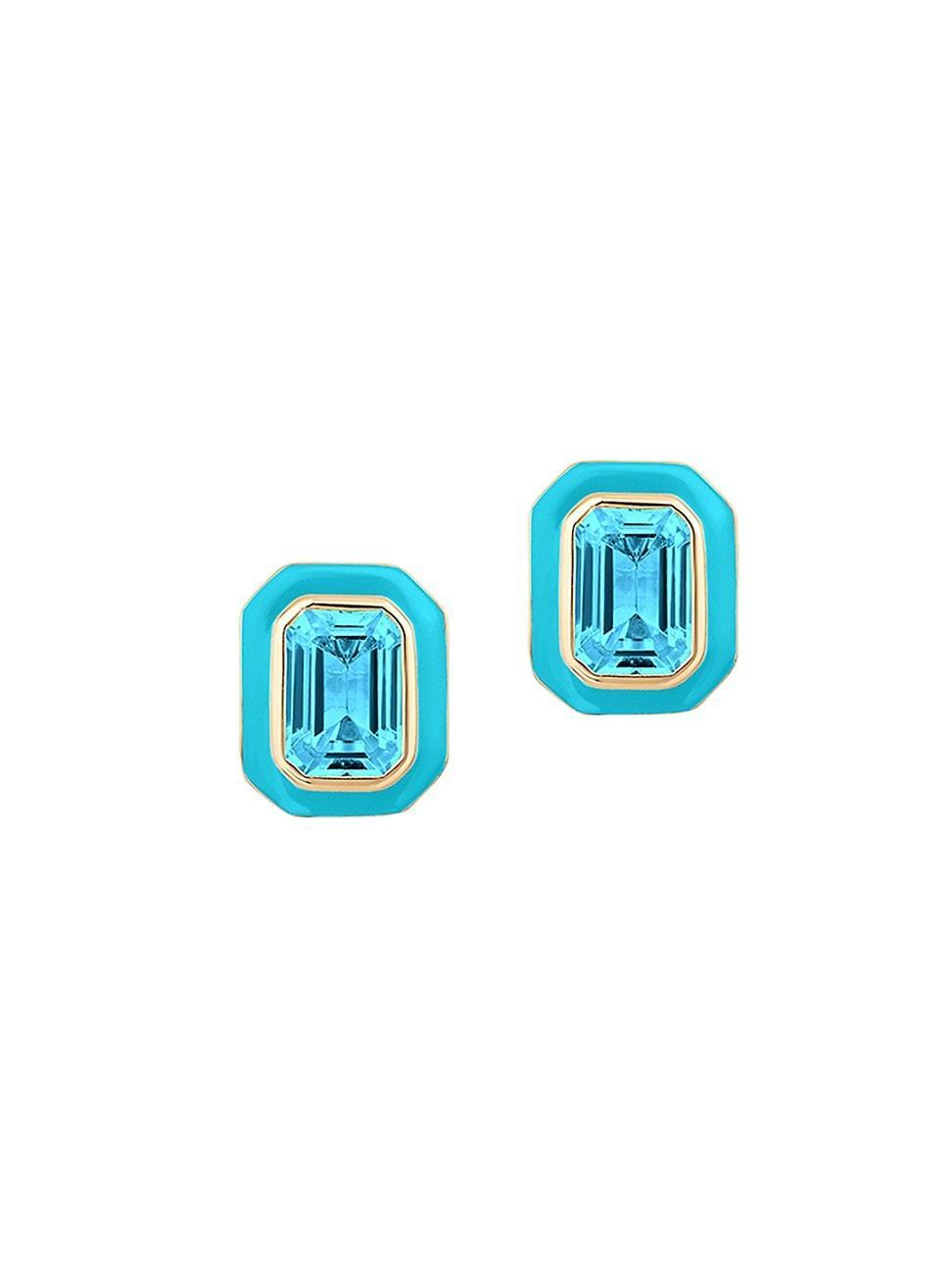 Womens Queen 18K Yellow Gold, Blue Topaz, & Enamel Stud Earrings Product Image