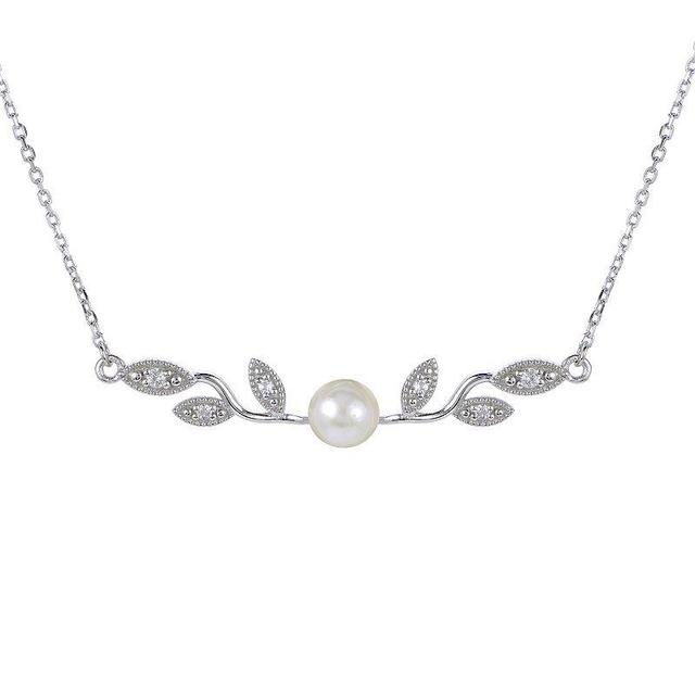 PearLustre by Imperial Sterling Silver Freshwater Cultured Pearl & Lab-Created White Sapphire Vintage Leaf Necklace, Womens Product Image